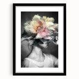 Abstract figurative framed artwork in a sleek black matte frame, showcasing vibrant colors and unique shapes, perfect for modern home decor. The front view highlights the intricate details and artistic flair, making it an eye-catching addition to any space.