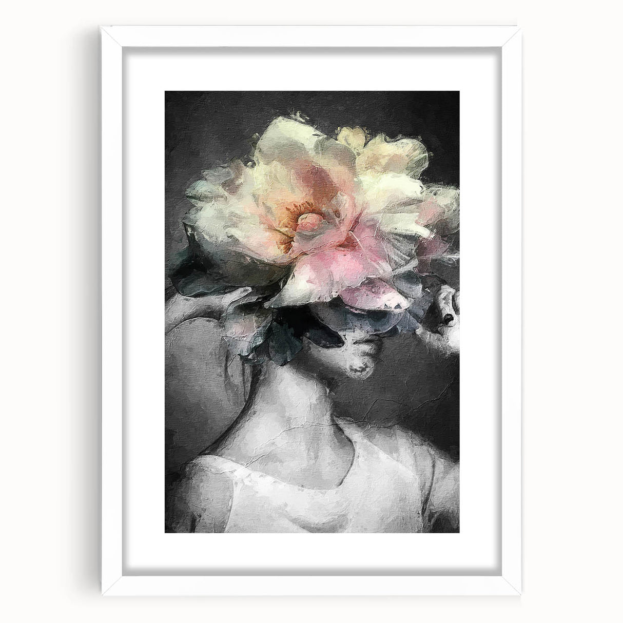 Abstract figurative art frame with a white mat, showcasing a contemporary design. The frame's elegant simplicity enhances the artwork's vibrant colors, ideal for modern home decor.