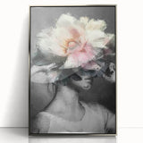 Framed acrylic artwork featuring an abstract figurative design in silver tones, showcasing a modern aesthetic ideal for contemporary home decor, enhancing interior spaces.