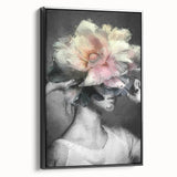 Abstract figurative black-framed canvas artwork showcasing dynamic shapes and contrasting colors, perfect for modern home decor or contemporary art enthusiasts.