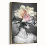 Framed abstract figurative canvas art with a gold side view, showcasing vibrant colors and intricate designs, perfect for modern home decor and artistic expression.