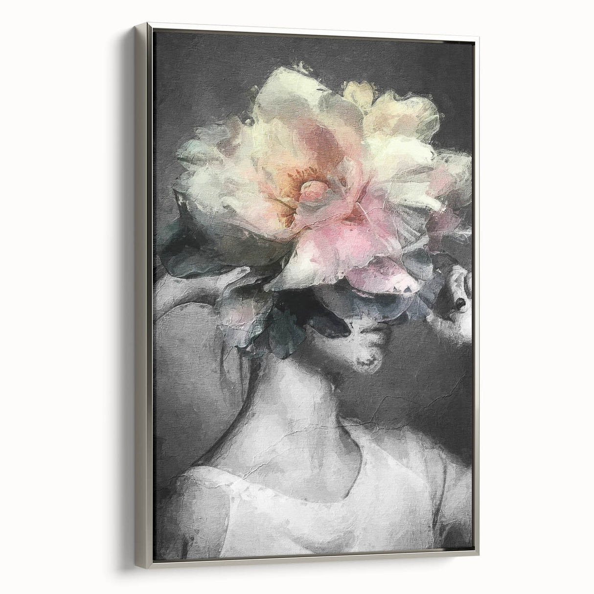 Framed abstract figurative canvas art showcasing a silver frame, highlighting vibrant colors and intricate shapes, perfect for modern home decor accents.