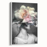 Framed abstract figurative canvas art in white, showcasing a modern design with soft lines and muted colors, perfect for contemporary home decor.