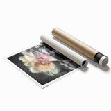 Abstract figurative rolled print showcasing vibrant colors and dynamic shapes, elegantly packaged in a protective cardboard tube for safe shipping.