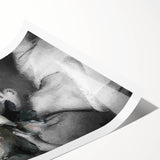 Abstract figurative wall art print showcasing vibrant colors and dynamic shapes, elegantly rolled and ready for display, perfect for modern decor enthusiasts.