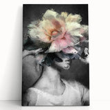 Abstract figurative stretched canvas artwork featuring vibrant colors and dynamic shapes, leaning against a textured wall, ideal for modern home decor.