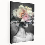 Abstract figurative stretched canvas artwork showcasing vibrant colors and fluid shapes, displayed in a side view to highlight its depth and texture, perfect for modern decor.