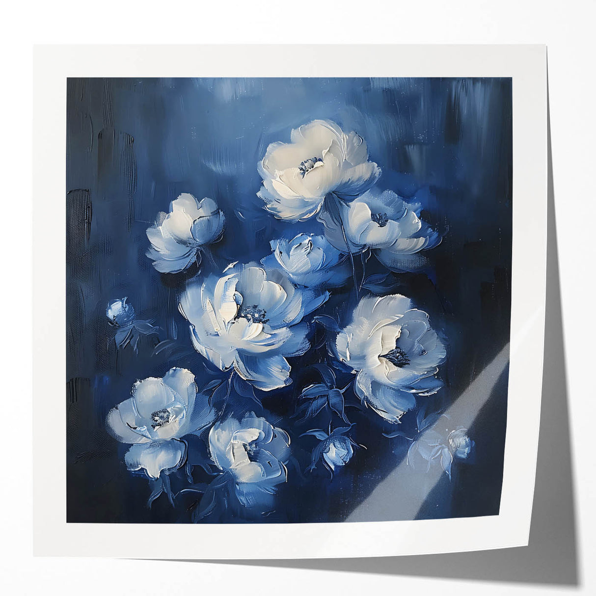 Abstract floral wall art print showcasing vibrant colors and intricate designs, presented in a glossy finish, perfect for modern home decor.