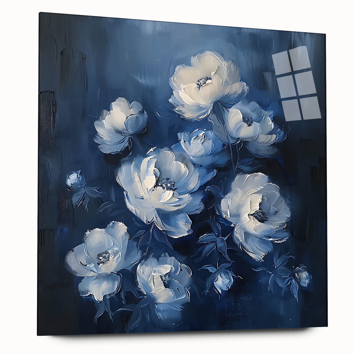 Abstract floral wall art displayed in a side view, showcasing vibrant colors and intricate details on acrylic glass, perfect for modern home decor. The artwork's vivid hues and fluid shapes create an inviting atmosphere, enhancing any interior space.