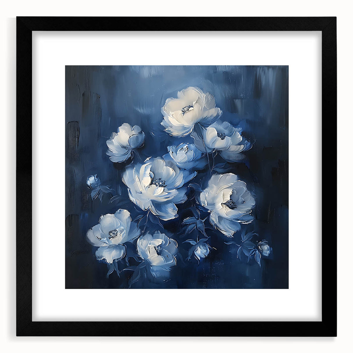 Abstract floral wall art in a black frame with a mat, showcasing vibrant colors and intricate designs, perfect for adding elegance to modern home decor.