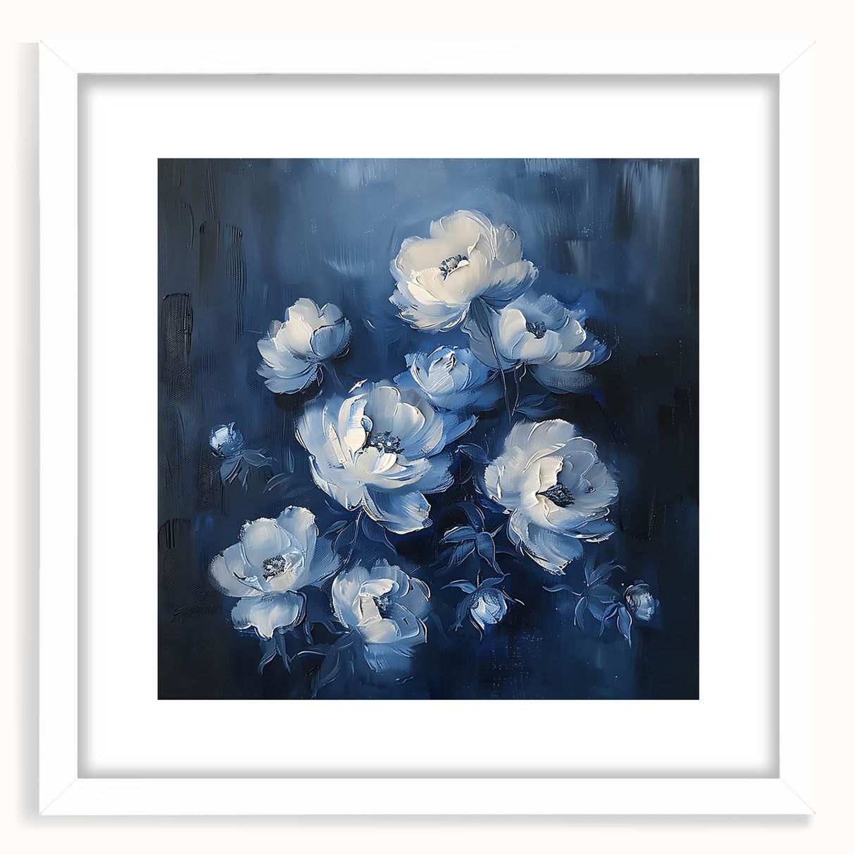Elegant abstract floral wall art framed with a matte white border, showcasing vibrant colors and intricate patterns, perfect for modern home decor.