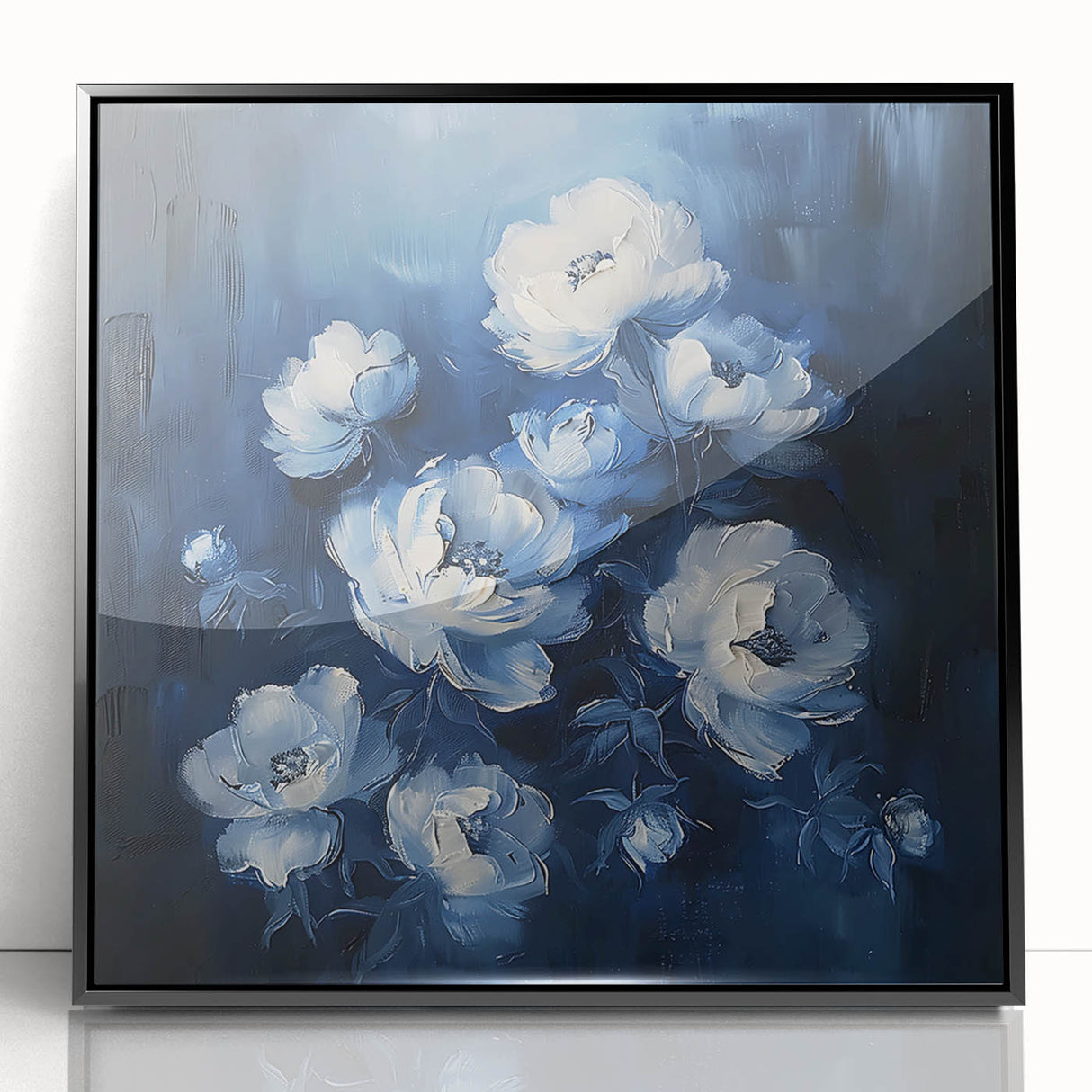 Framed abstract floral wall art featuring vibrant colors and intricate designs, showcased in a sleek black frame, perfect for modern home decor.