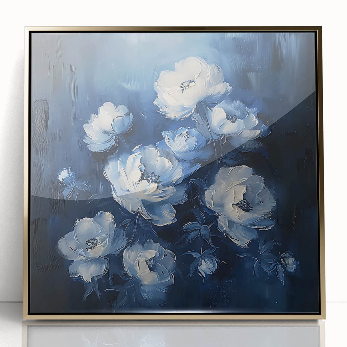 Framed wall art showcasing an abstract floral design with vibrant colors and gold accents, perfect for enhancing modern home decor and adding elegance to any room.