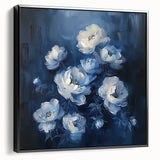 Framed abstract floral wall art featuring vibrant colors and intricate designs, displayed in a sleek black frame, ideal for modern home decor.