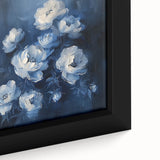 Close-up view of a framed canvas featuring vibrant abstract floral wall art, showcasing intricate details and rich colors, perfect for modern home decor.