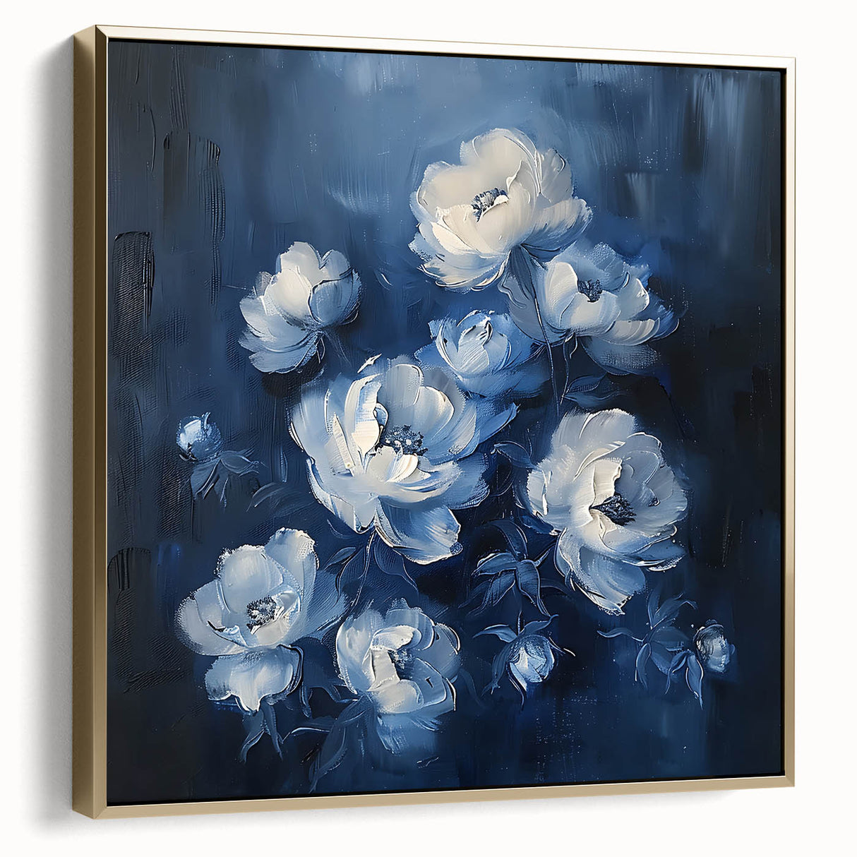 Framed canvas wall art showcasing an elegant abstract floral design in silver and gold hues, perfect for modern decor. Ideal for enhancing any living space or office ambiance.