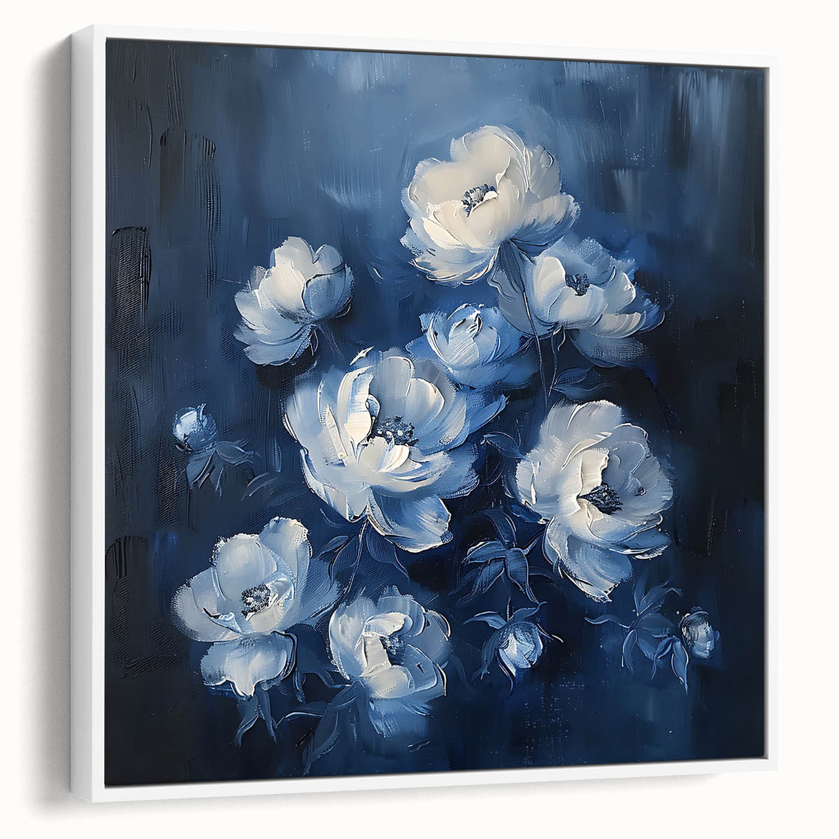 Framed canvas wall art showcasing an abstract floral design with vibrant colors and intricate patterns, displayed from a side view against a white backdrop. Perfect for modern home decor.