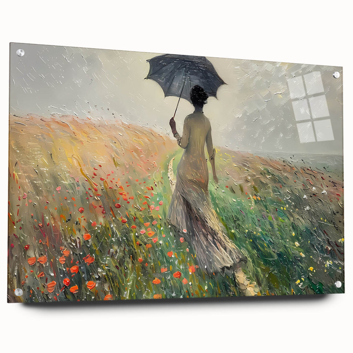Abstract landscape wall art displayed in an acrylic glass frame, showcasing vibrant colors and intricate textures, perfect for modern home decor.