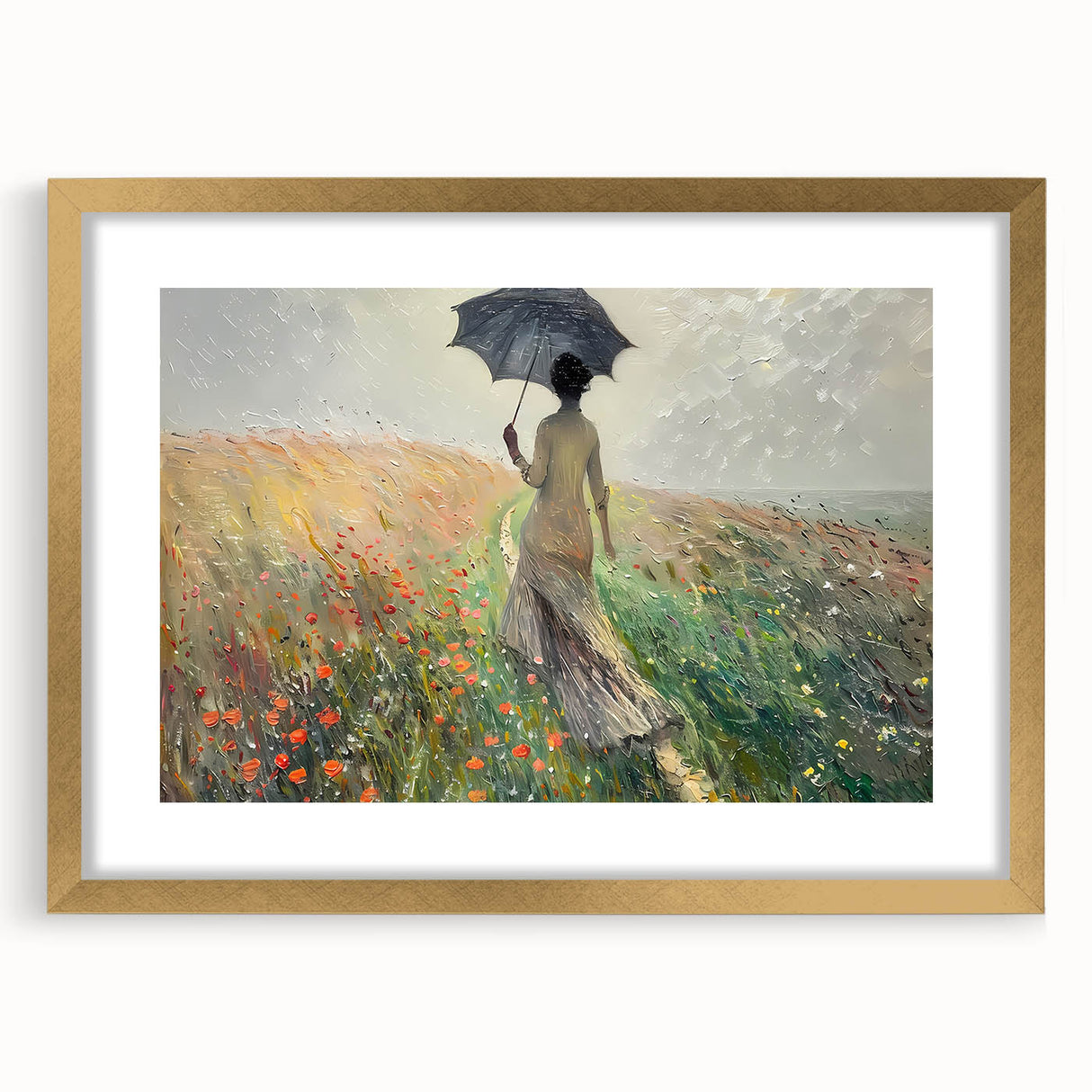Abstract landscape wall art framed in gold, showcasing vivid colors and unique textures, perfect for enhancing modern decor in living spaces or offices.