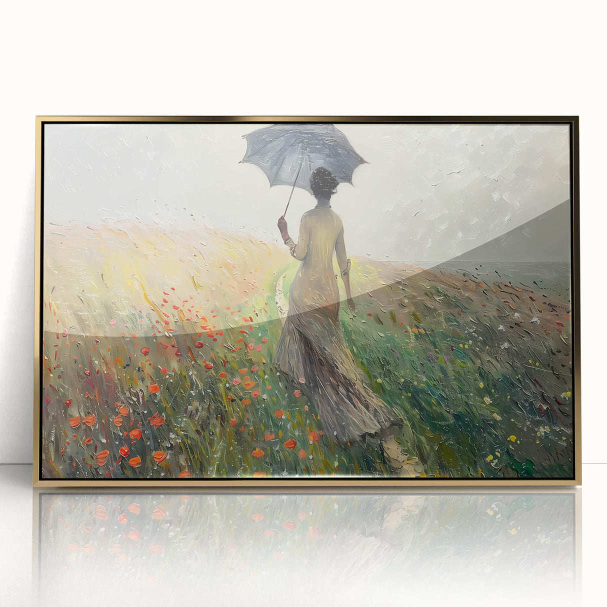 Framed abstract landscape wall art featuring vibrant gold accents and a modern design, perfect for enhancing home decor in living spaces or offices.