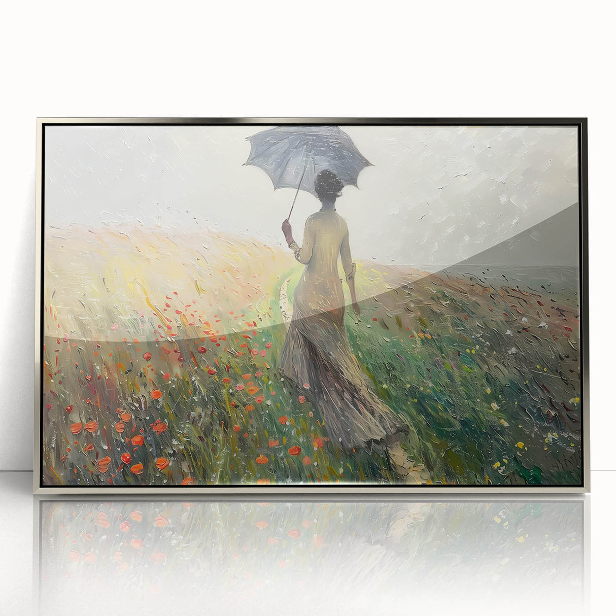 Framed abstract landscape wall art in silver acrylic, showcasing a blend of vibrant colors and dynamic shapes, perfect for enhancing modern home decor.