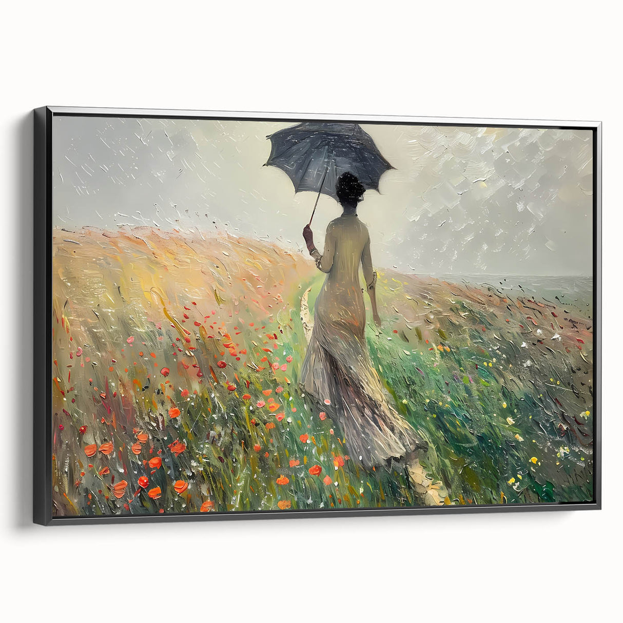 Abstract landscape wall art featuring a black-framed canvas with vibrant colors and dynamic shapes, ideal for modern home decor. The side view showcases the elegant framing and textured surface, enhancing its artistic appeal.