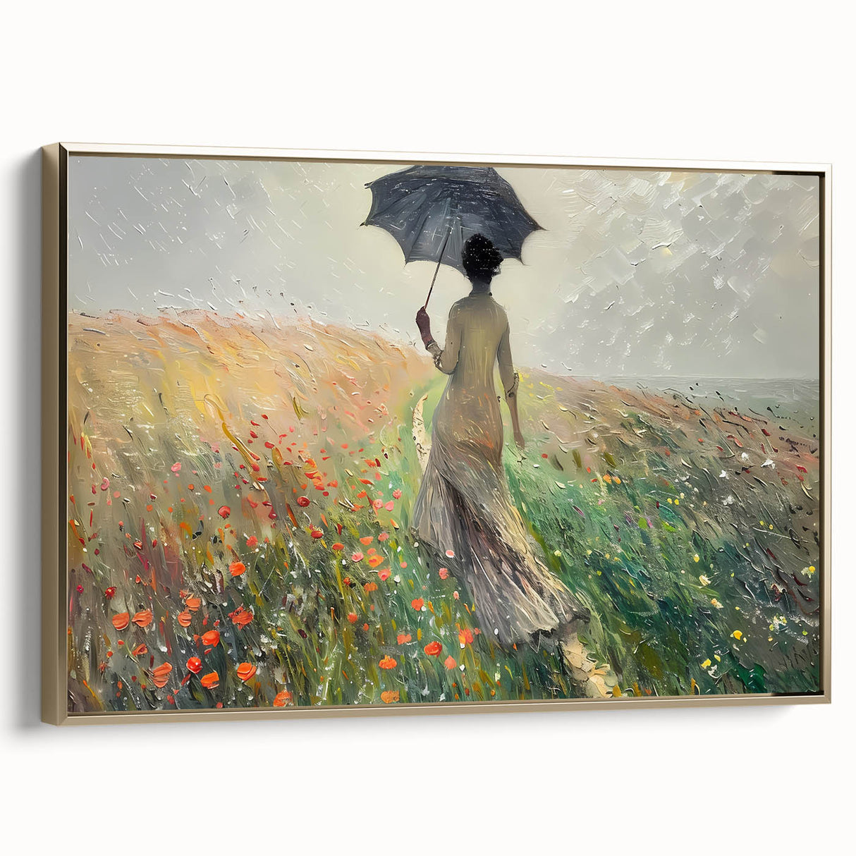 Framed abstract landscape wall art featuring gold accents, showcasing a modern design. The canvas presents a side view, highlighting its elegant frame and artistic details.