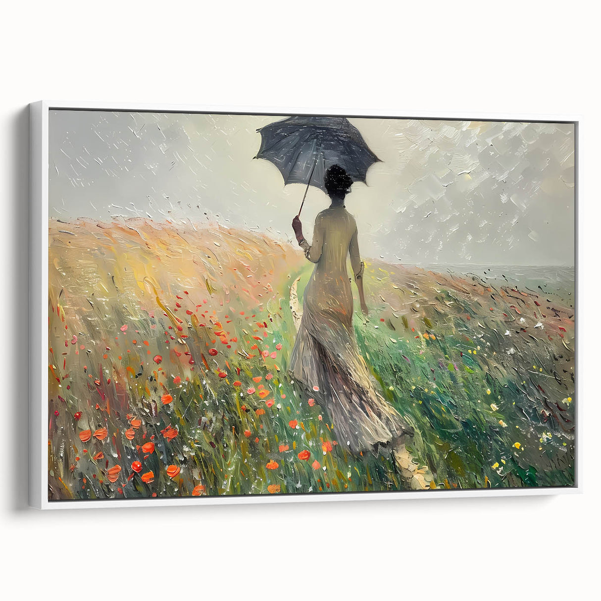Framed abstract landscape wall art in a sleek white frame, showcasing vibrant colors and intricate patterns, perfect for modern home decor.