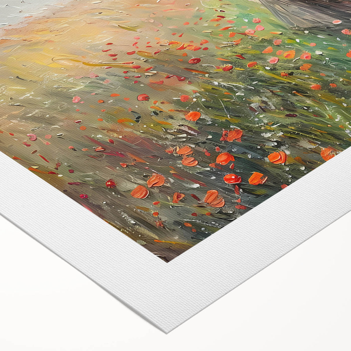 Abstract landscape wall art on rolled canvas, showcasing vibrant colors of blue, green, and orange with a textured finish, ideal for modern home decor.