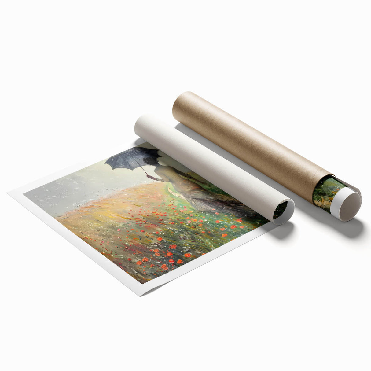 Abstract landscape wall art print showcasing vibrant colors and fluid shapes, rolled and ready for display, perfect for modern home decor or office aesthetics.