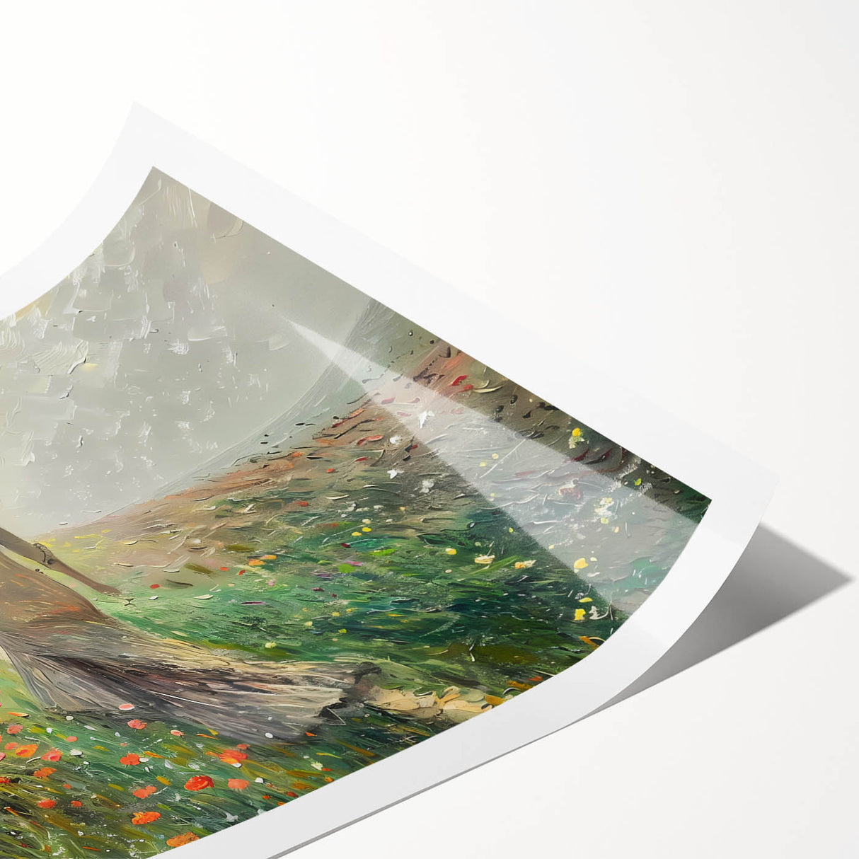 Abstract landscape wall art print in vibrant colors, showcasing a blend of blues, greens, and earthy tones, ideal for modern home decor. The rolled print is perfect for framing and enhances any living space with its artistic flair.