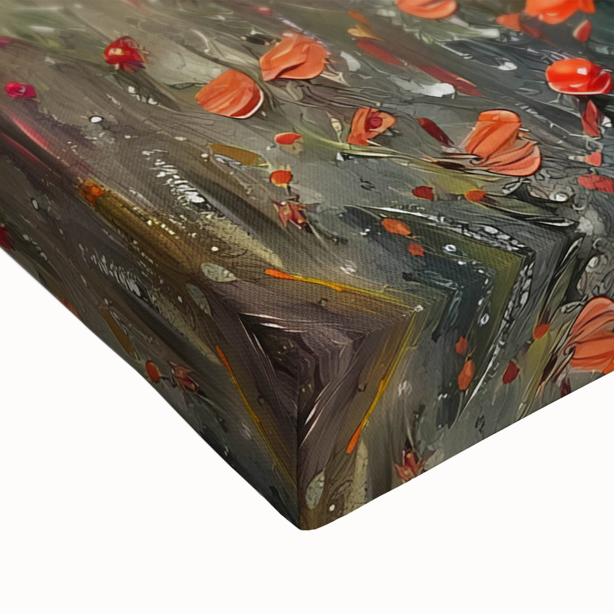 Close-up of an abstract landscape wall art piece on stretched canvas, showcasing vibrant colors and intricate textures, perfect for modern home decor.