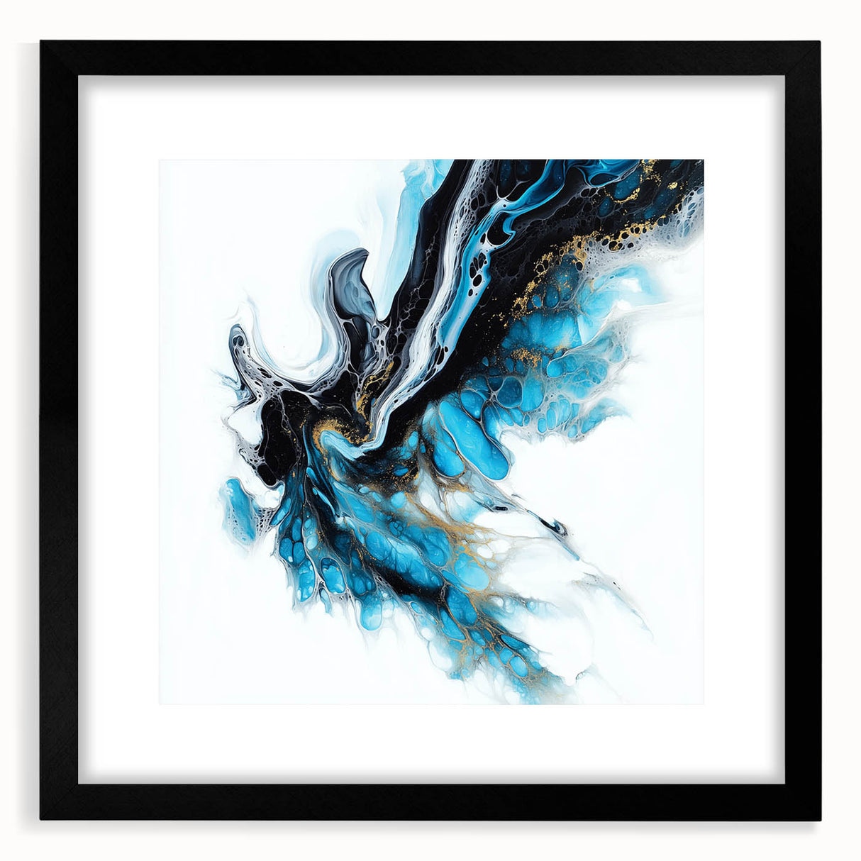 Abstract Fluid Canvas Art – Aqua, Gold, and Black Ocean Energy
