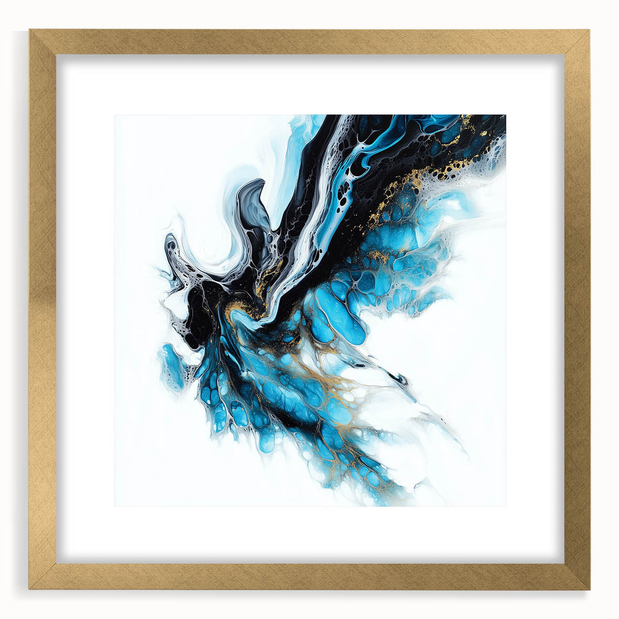 Abstract Fluid Canvas Art – Aqua, Gold, and Black Ocean Energy
