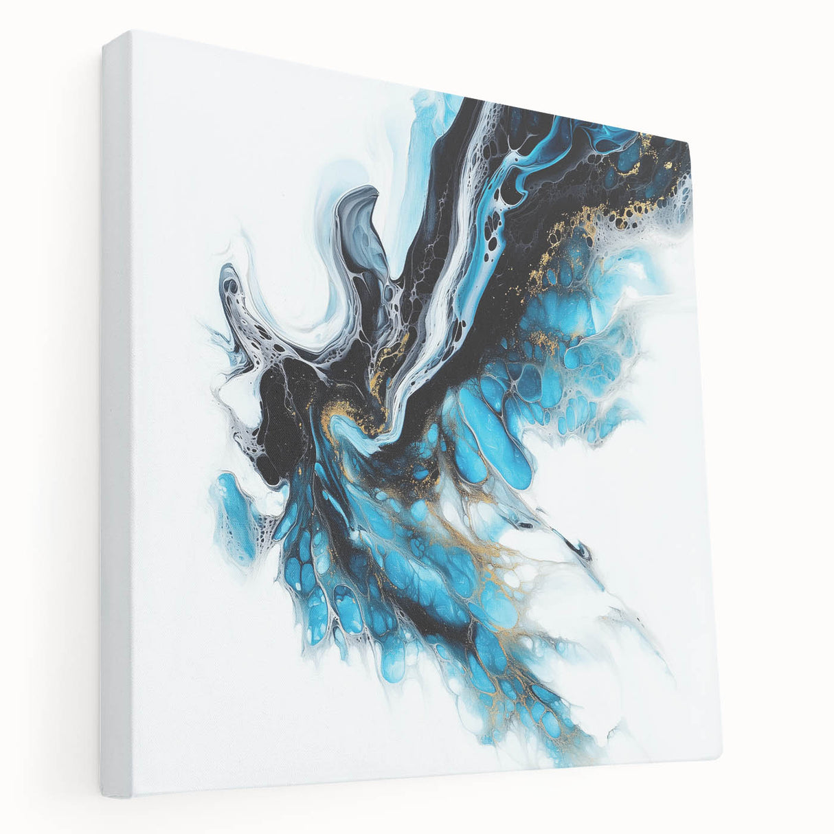 Abstract Fluid Canvas Art – Aqua, Gold, and Black Ocean Energy