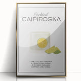 Large art print of a mid-century modernist food and drinks theme in gold tones, framed in acrylic.