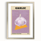 Textured abstract art print of assorted fruits in muted earthy tones, framed in silver, ideal for kitchen wall decor.