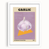 Abstract art print featuring assorted fruits in vibrant colors on a white framed mat, suitable for dining room decor.