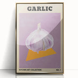 Mid-century modernist acrylic print featuring assorted fruits in vibrant colors on a gold frame.