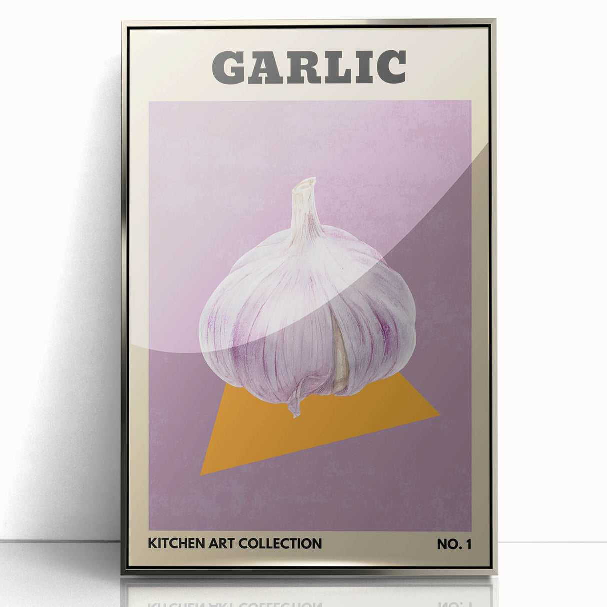 Mid-century modernist art featuring assorted fruits in vibrant colors on a silver-framed acrylic print.