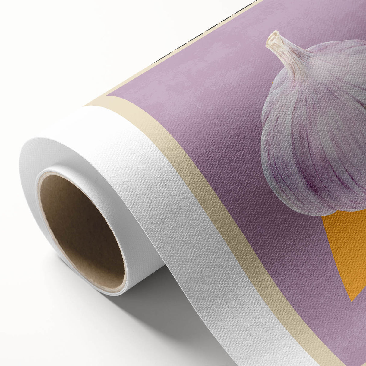 Art Deco style poster featuring an array of colorful fruits on a rolled canvas.