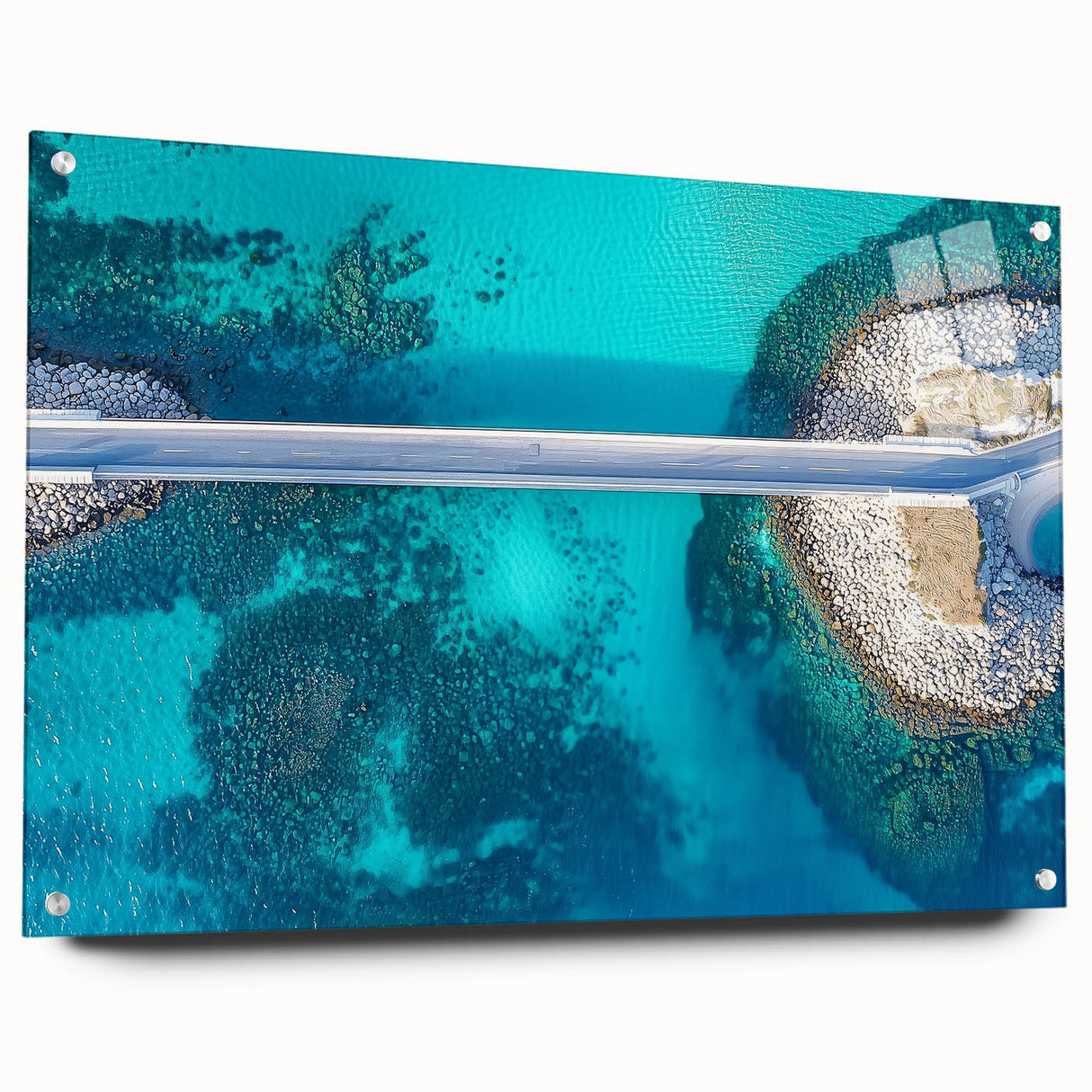 Elegant landscape bridge design crafted from acrylic glass, showcasing a side view with visible pins, set against a neutral background, ideal for modern decor.