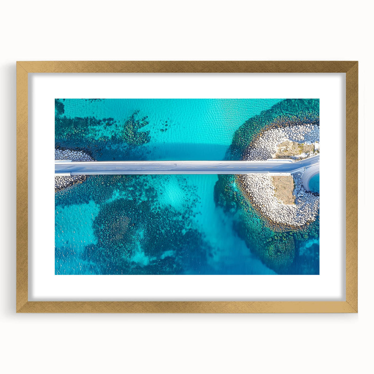 Gold landscape bridge frame with mat, showcasing an elegant front view, perfect for enhancing home décor. Ideal for art enthusiasts and interior design lovers.