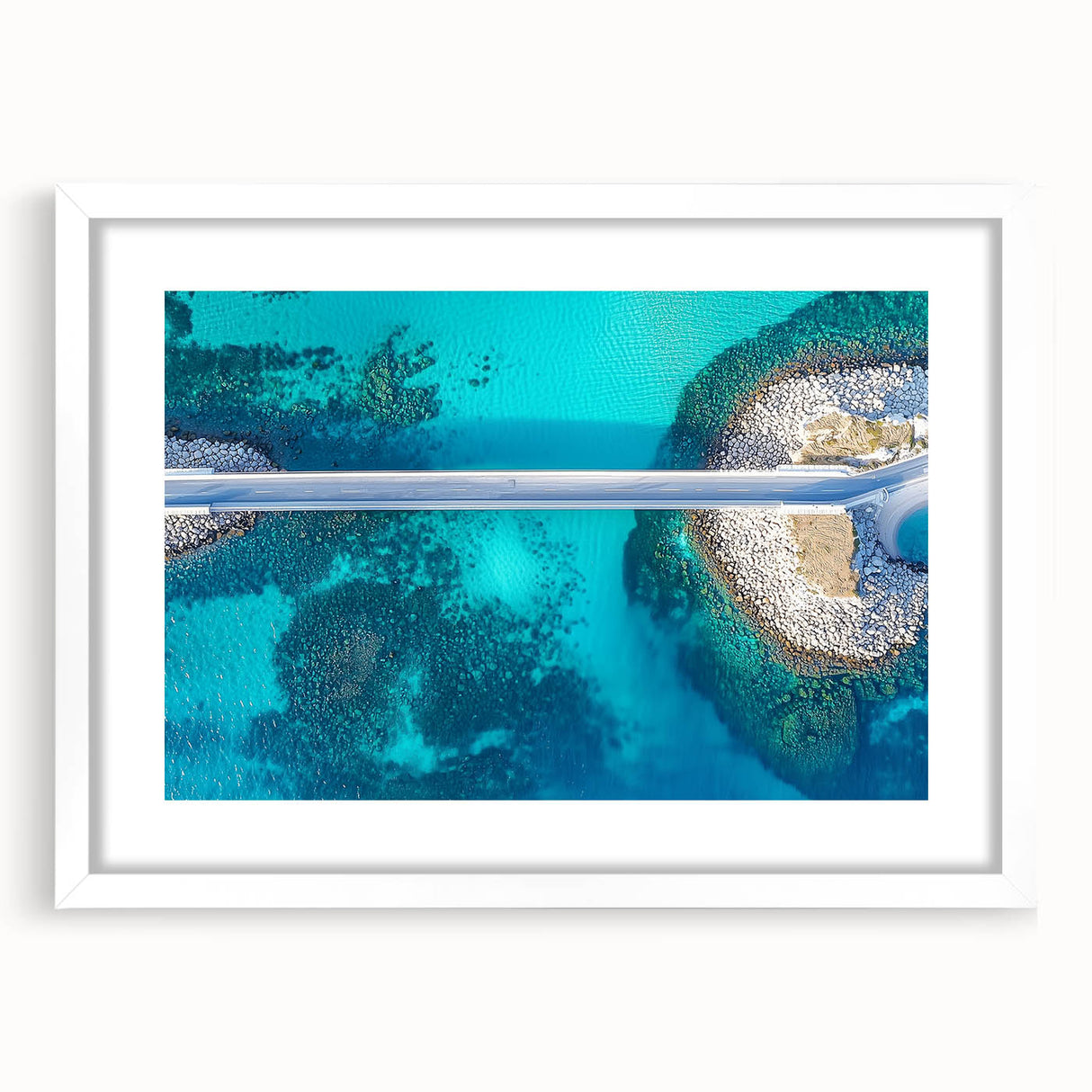 Landscape bridge frame with a white mat, showcasing a modern design. Ideal for displaying artwork or photographs, enhancing home decor with its elegant style.