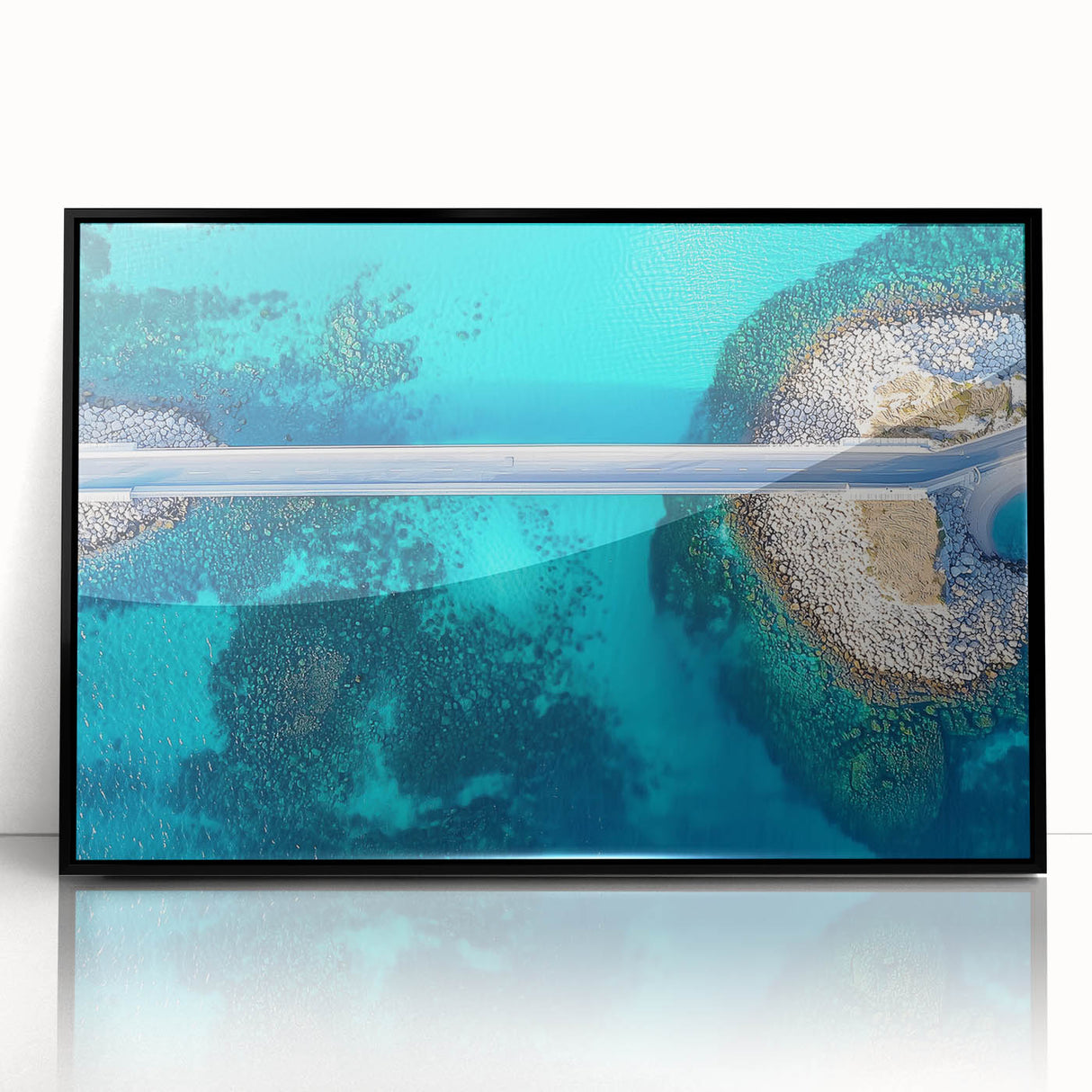Framed acrylic landscape artwork of a bridge in a scenic setting, featuring vibrant colors and intricate details, perfect for modern home decor.