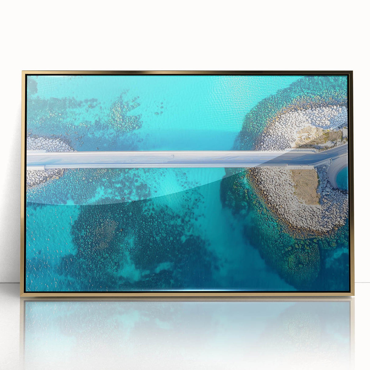 Framed acrylic artwork of a golden landscape bridge, showcasing intricate details and vibrant colors, ideal for modern home decor and art enthusiasts.
