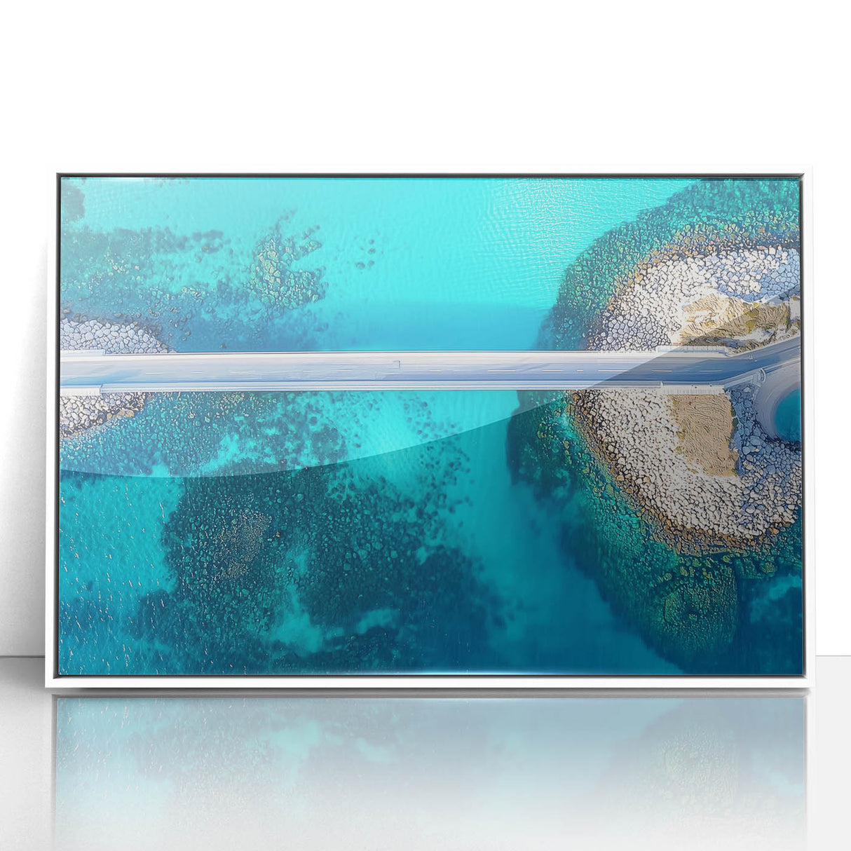 Framed acrylic artwork showcasing a serene landscape bridge in soft hues of blue and green, set in a crisp white frame, perfect for home decor and art enthusiasts.