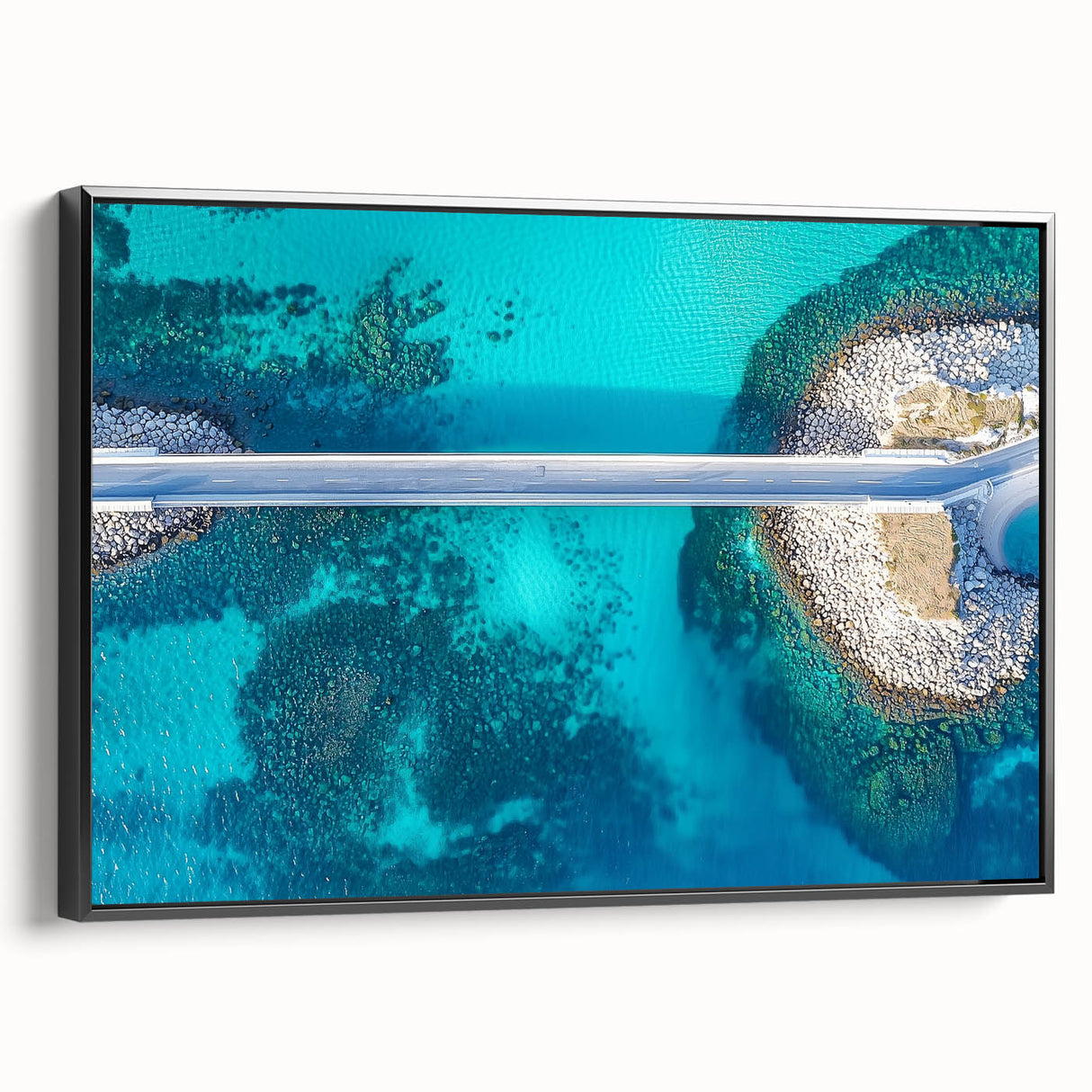 Framed canvas artwork depicting a landscape view of a bridge, showcasing intricate details in black and natural tones, perfect for modern home decor.