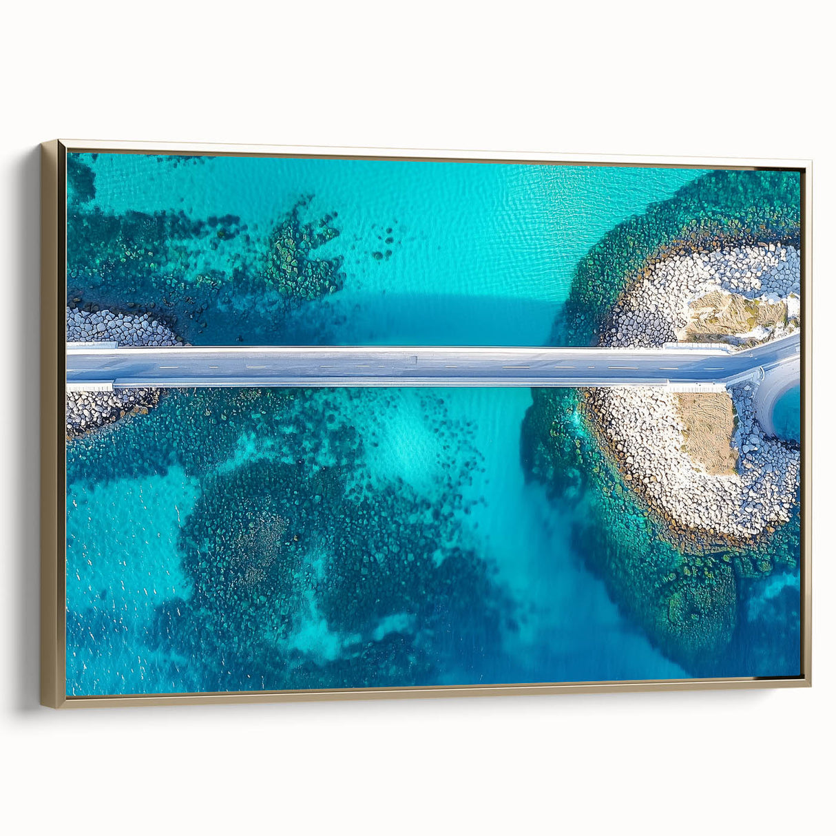Framed canvas artwork depicting a stunning landscape bridge scene with golden accents, showcasing vibrant colors and intricate details, perfect for home decor.