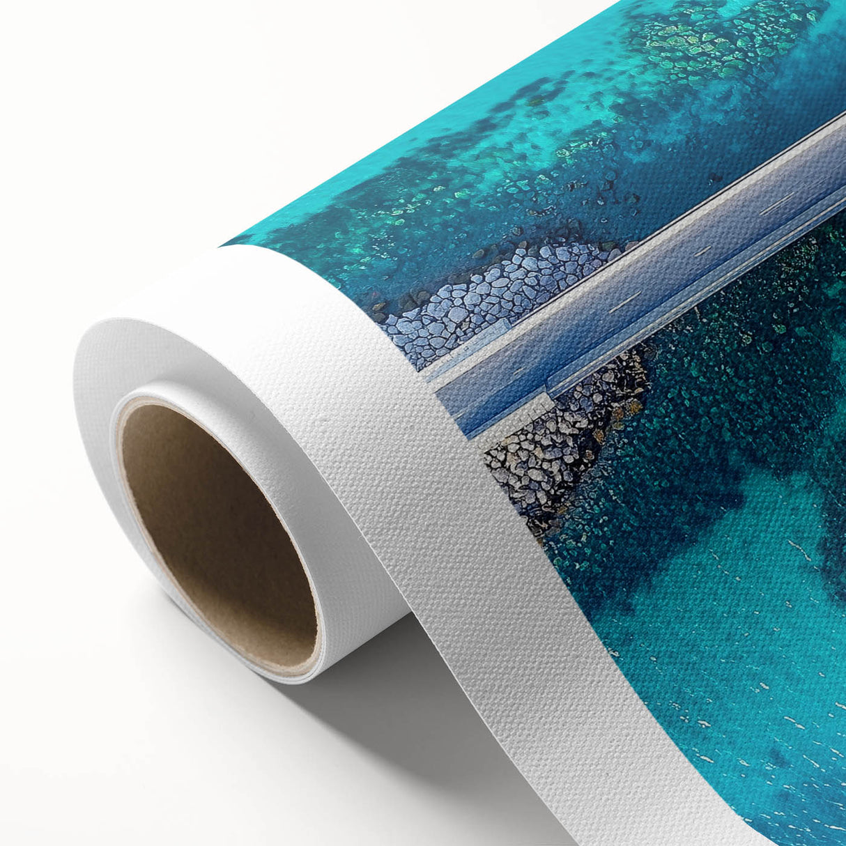 Landscape bridge design on rolled canvas with vibrant colors and intricate details, encapsulated in a protective cardboard tube for safe shipping. Perfect for home decor enthusiasts and art lovers seeking unique wall art pieces.